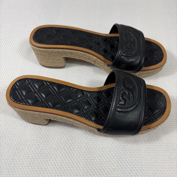 TORY BURCH Quilted Fleming Woven Wedge Espadrille Sandal Size 6.5M Black Leather - Picture 2 of 9